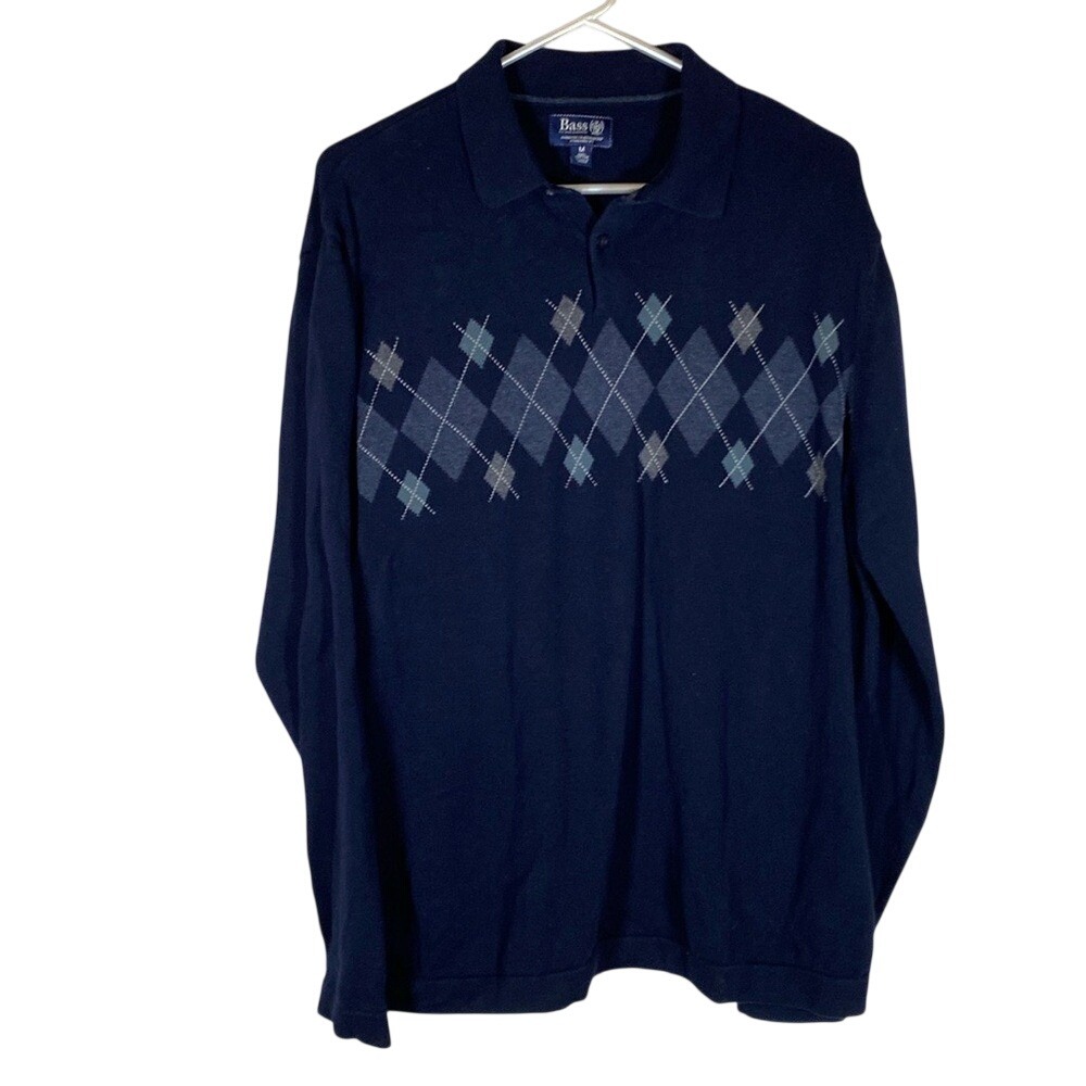 Bass Henley grandpa polo sweater blue Argyle size medium academia old money